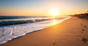 Sunset over a calm sea with waves washing onto a sandy beach, footprints along the shore.