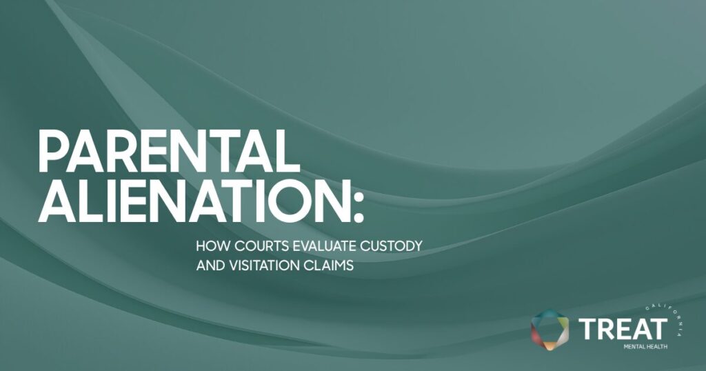 Cover slide with the title 'Parental Alienation' and subtitle about how courts evaluate custody and visitation claims; Treat Mental Health logo in the bottom right corner.