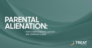 Cover slide with the title'Parental Alienation' and subtitle about how courts evaluate custody and visitation claims; Treat Mental Health logo in the bottom right corner.