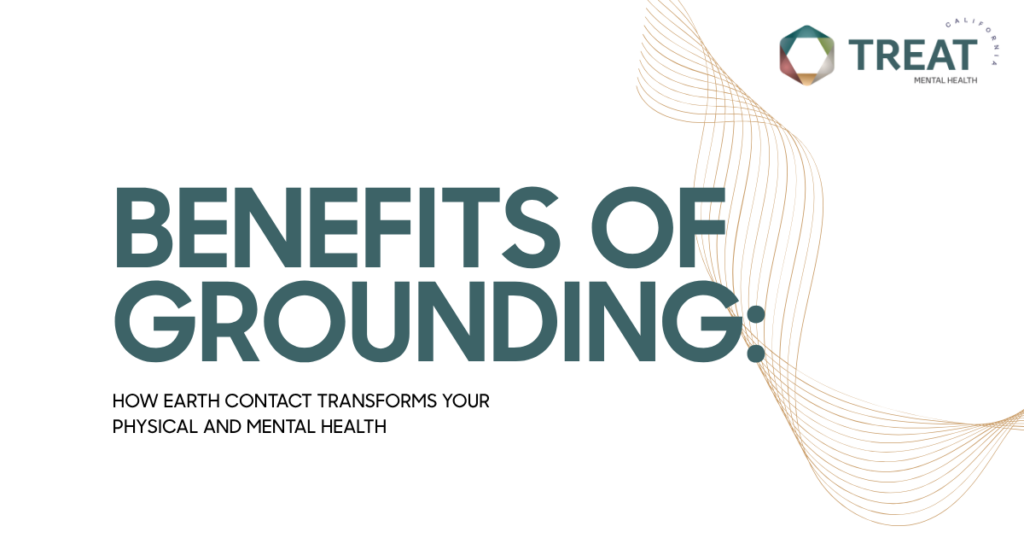 Cover slide: 'BENEFITS OF GROUNDING' with subtitle about how earth contact transforms physical and mental health; Treat Mental Health logo in the top-right corner.
