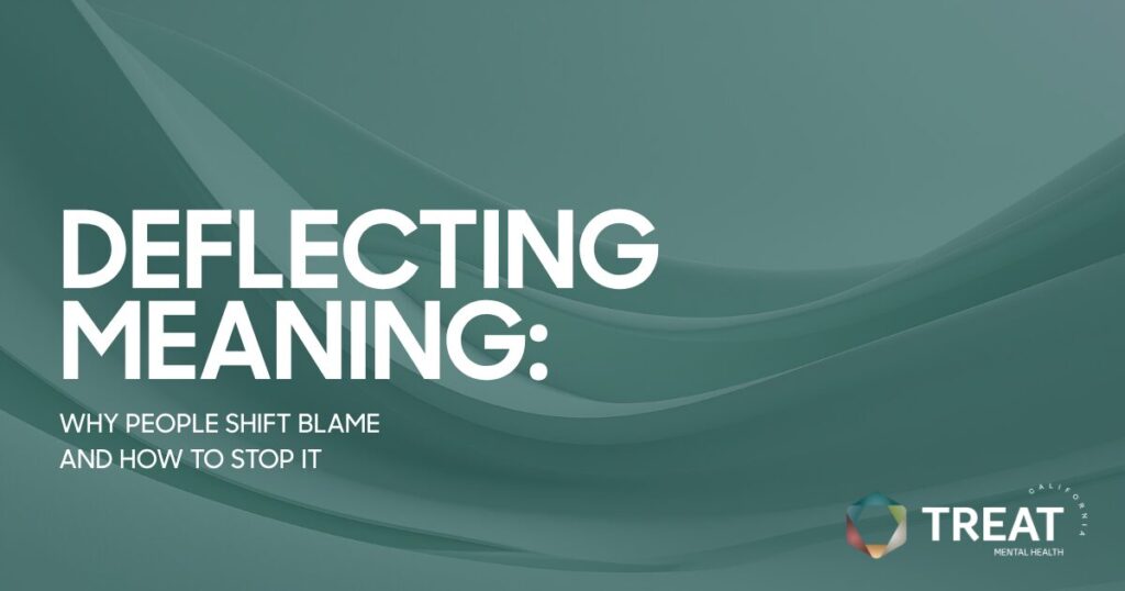 Title slide: 'Deflecting Meaning: Why People Shift Blame and How to Stop It' with the TREAT Mental Health logo in the bottom-right corner.