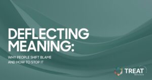 Title slide:'Deflecting Meaning: Why People Shift Blame and How to Stop It' with the TREAT Mental Health logo in the bottom-right corner.