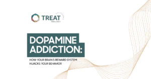 Slide cover: Dopamine Addiction title with subtitle about the brain's reward system hijacking behavior; TREAT California Mental Health logo top left; decorative orange wave design on the right.