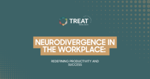 neurodivergence-workplace-success-guide-featured - Treat Mental Health California Presentation slide cover: ‘Neurodivergence in the Workplace: Redefining Productivity and Success’ with the TREAT Mental Health logo on a teal background.