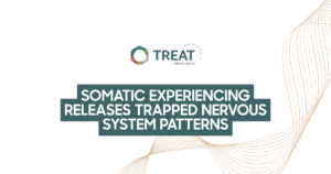 somatic-experiencing-nervous-system-healing-featured - Treat Mental Health California TREAT California Mental Health logo above a bold teal title: 'Somatic Experiencing Releases Trapped Nervous System Patterns' with decorative orange lines in the background.